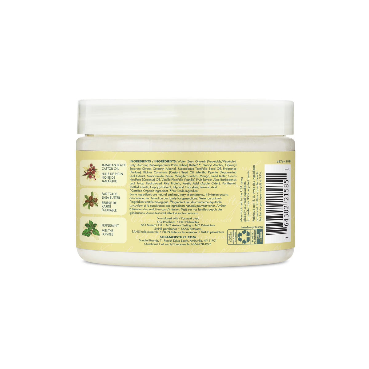 Back of Shea Moisture Jamaican Black Castor Oil Smoothie (340g) with ingredient list and brand information.