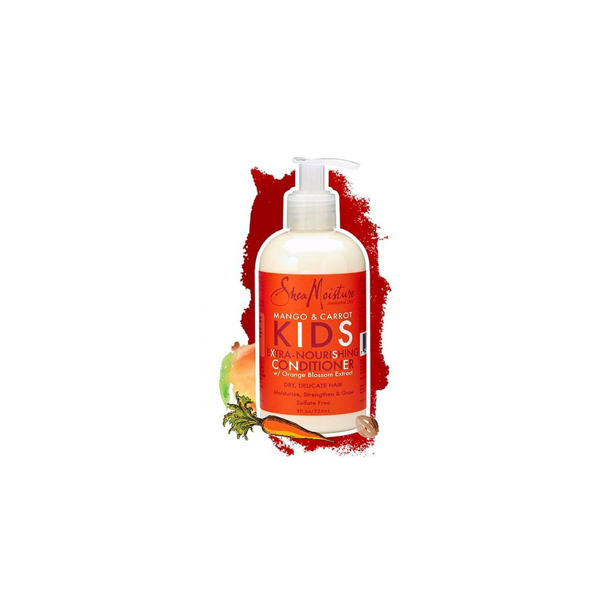 Image of Shea Moisture Mango & Carrot Kids Conditioner showing a white bottle with an orange label surrounded by a mango and a carrot.
