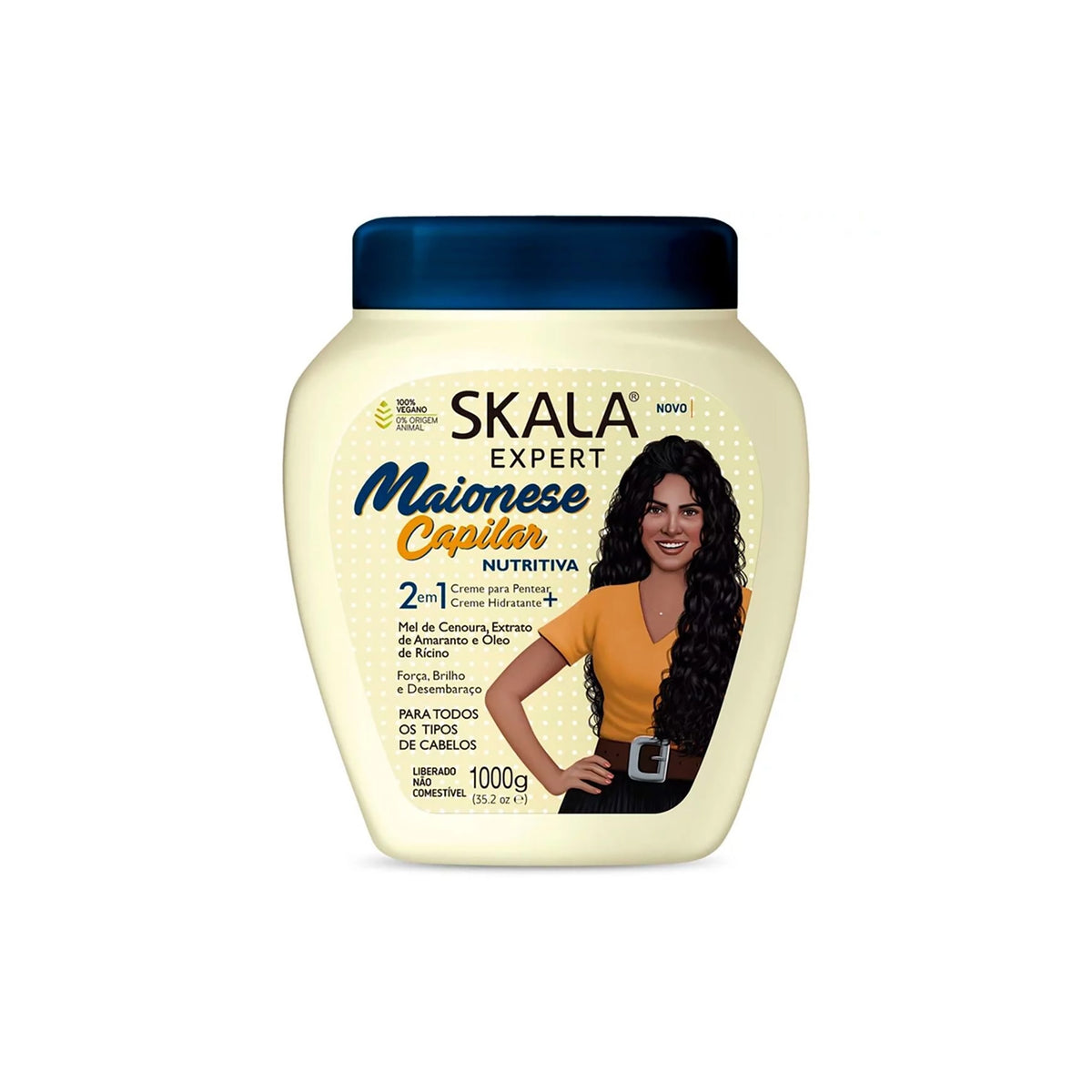Skala Treatment Mayonese Capilar 1000gr in cream colored bucket with dark blue lid and label with woman with curly hair.