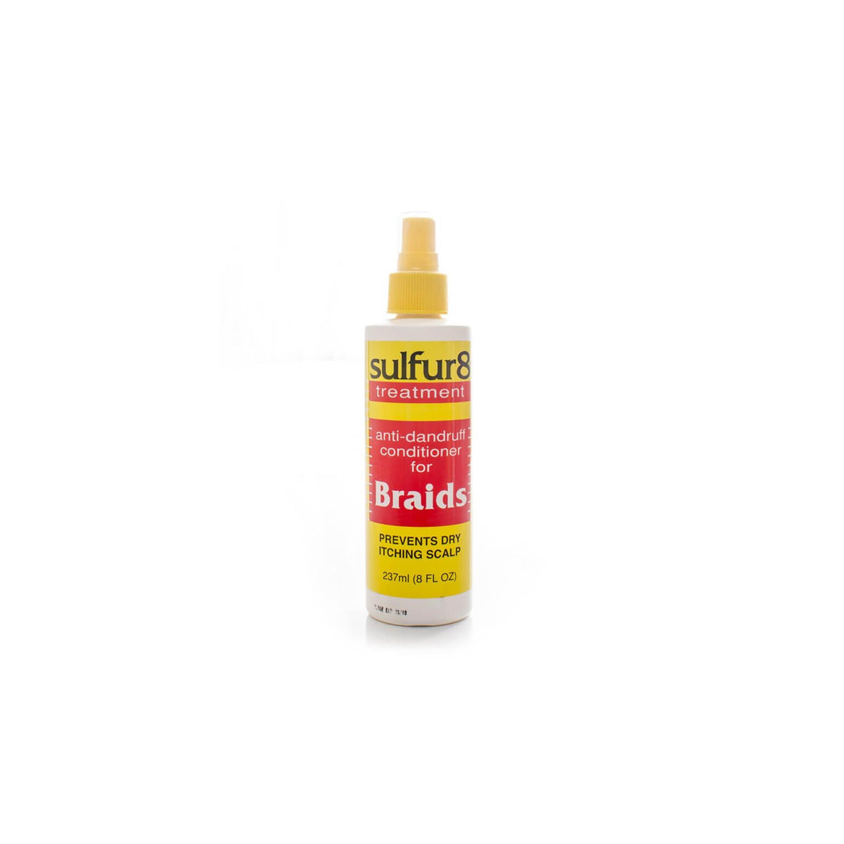 Sulfur8 Medicated Anti-Dandruff Conditioner, Dandruff Treatment for Braids (237 ml). The picture shows the front of a bottle of Sulfur8 Dandruff Treatment for Braids. The product is a medical anti-dandruff conditioner that prevents dry and itchy scalp.