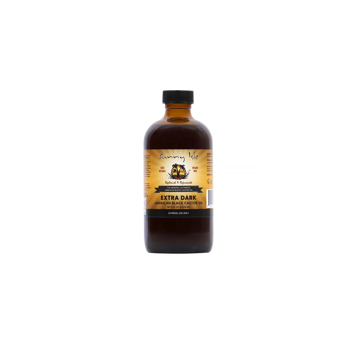 Sunny Isle Extra Dark Jamaican Black Castor Oil (8 oz). The image shows the front of a bottle of Sunny Isle Extra Dark Jamaican Black Castor Oil. The product is marketed as 100% natural, hexane-free and authentic Jamaican black castor oil.