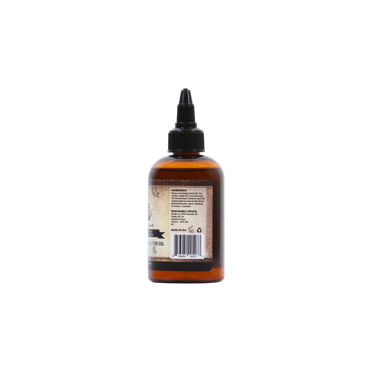 Sunny Isle Jamaican Black Castor Beard Oil (4 oz). The back of the bottle lists ingredients, person responsible and "Made in USA".