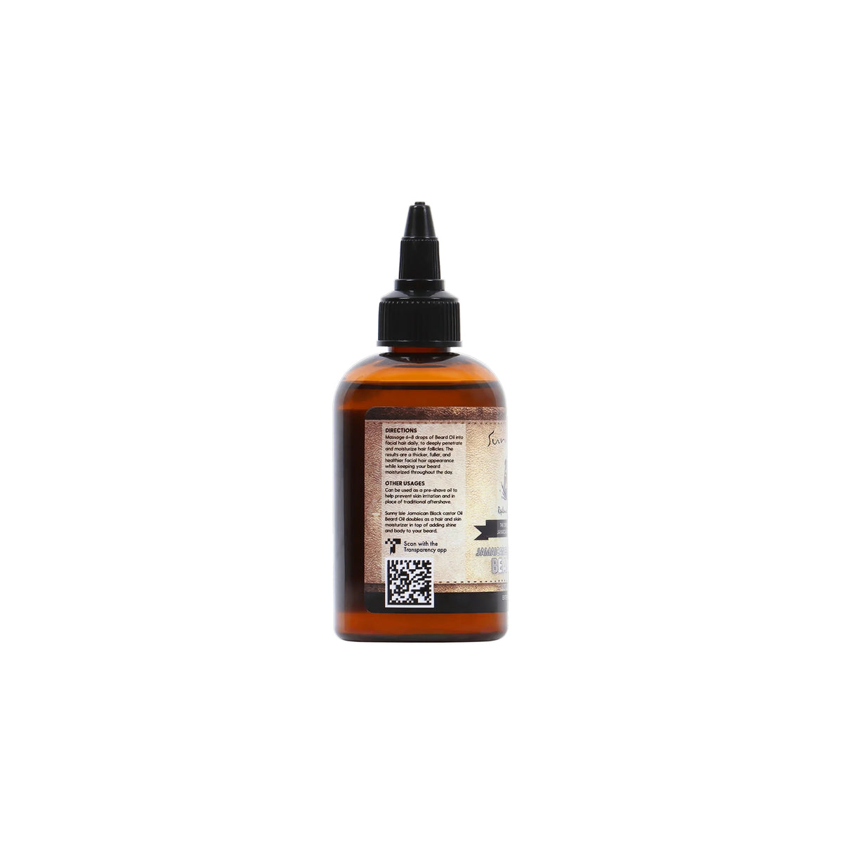 Sunny Isle Jamaican Black Castor Beard Oil (4 oz). The back of the bottle shows instructions for use, other possible uses and a QR code.