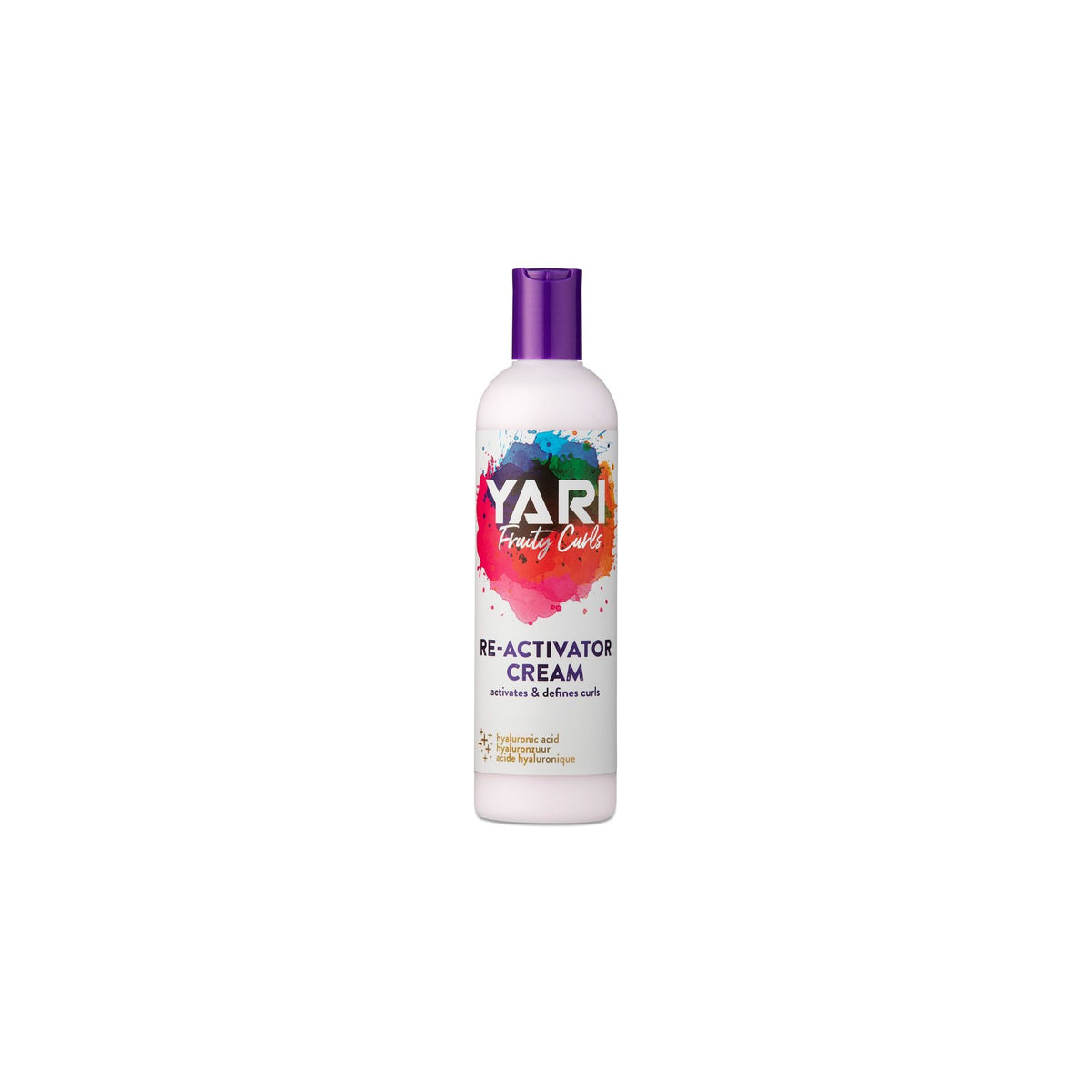 YARI Fruity Curls Re-Activator Cream (355 ml). White bottle with purple cap. Curl cream that activates and defines curls, contains hyaluronic acid.