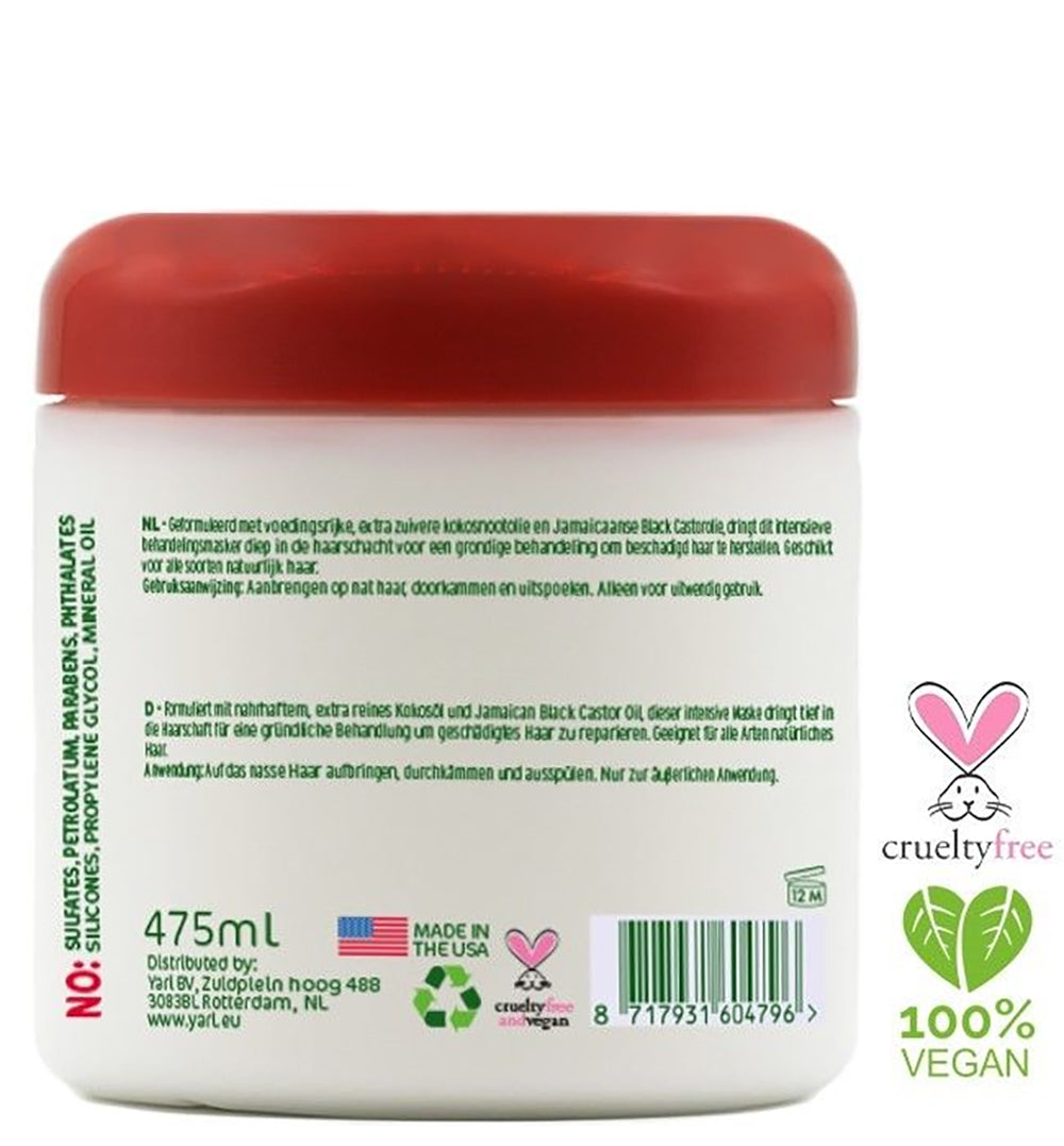 Yari Naturals Deep Mask Treatment 475ml. Back of a red container with white lettering. 