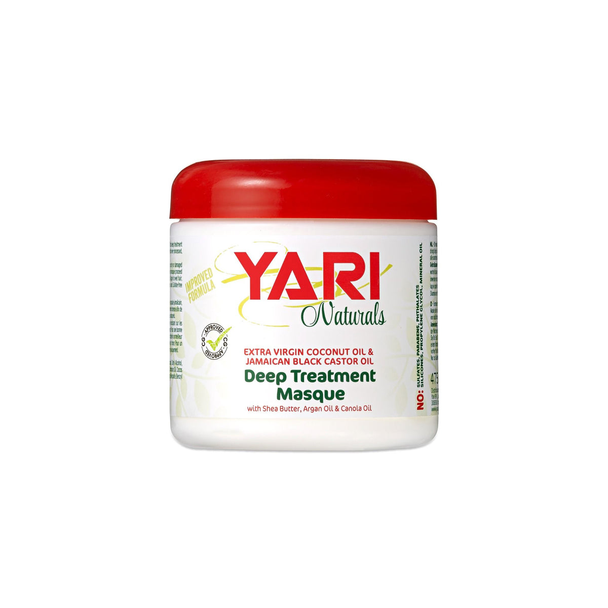 YARI Naturals Deep Treatment Masque (475 ml). White plastic can with red lid. Contains coconut oil, Jamaican black castor oil, shea butter, argan and canola oil.