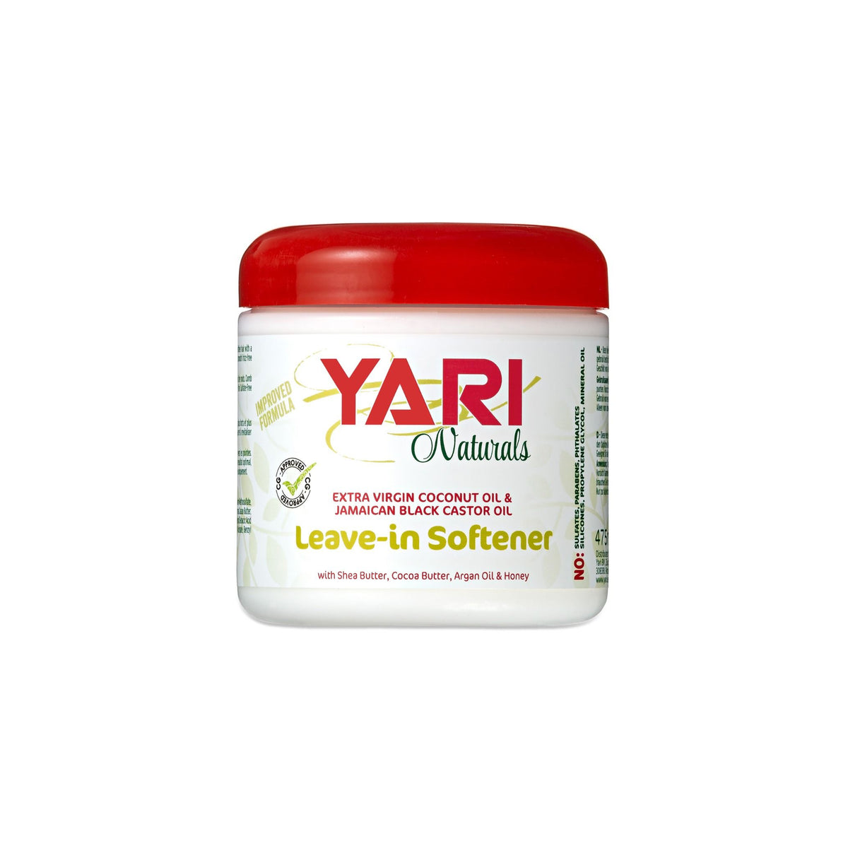 Yari Naturals Leave-in Softener (475 ml). White plastic can with red lid. Contains coconut oil, Jamaican black castor oil, shea butter, cocoa butter, argan oil and honey. Free of sulfates, parabens, phthalates, silicones, propylene glycol and mineral oil.