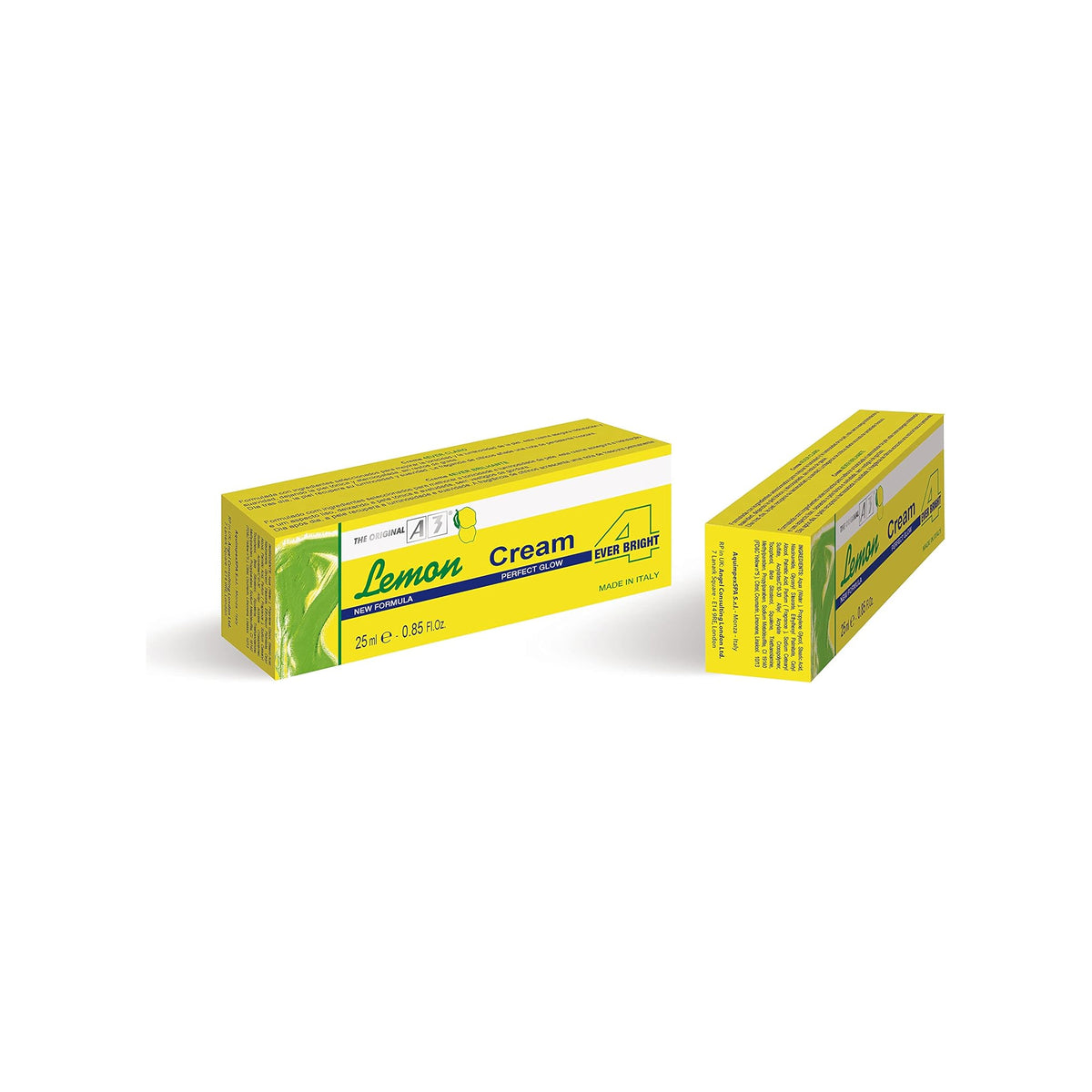 Two yellow Lemon Cream A3 4 Ever Bright boxes with green details, 25 ml skin care product for perfect glow and new formula.