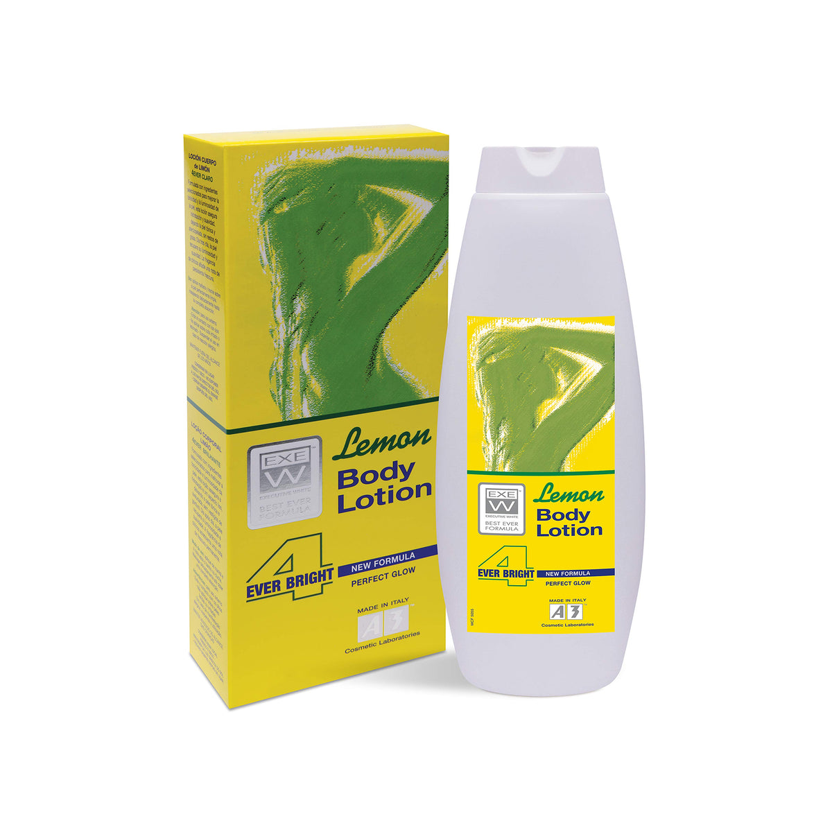 Lemon Body Lotion A3 4 Ever Bright, 400 ml white bottle and yellow box with green details, new formula for perfect glow.