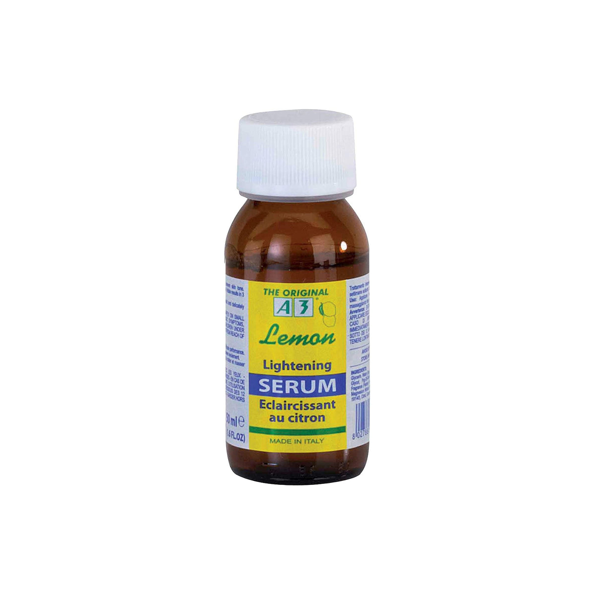 A3 Lemon Lightening Serum 50ml bottle with yellow liquid and white label. The product is labeled 'The Original' and 'Made in Italy'. The bottle stands on a white background