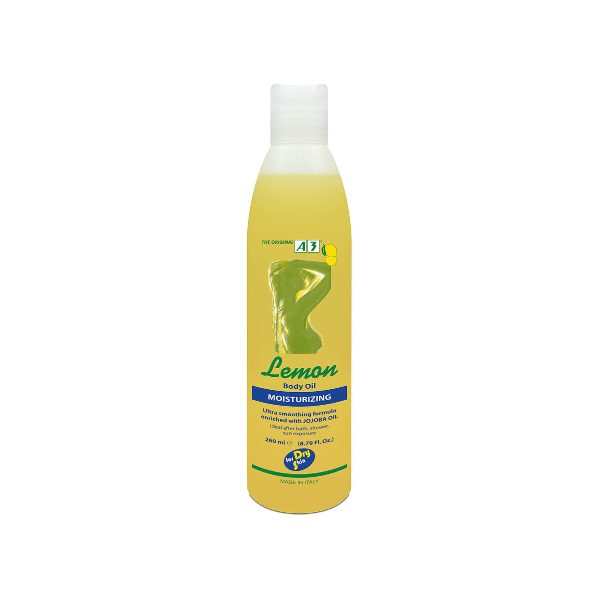 Bottle of A3 Lemon Moisturizing Body Oil. The product is placed on a white background. The bottle is yellow and transparent. The bottle says 'MOISTURIZING BODY OIL'.