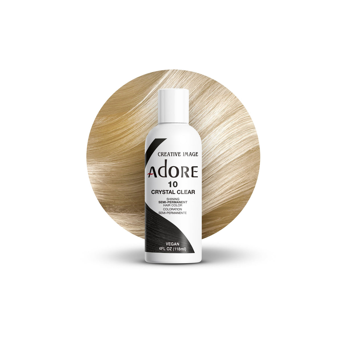 Adore Color No 10 Crystal Clear hair color bottle in front light color sample with neutral, clear tone.