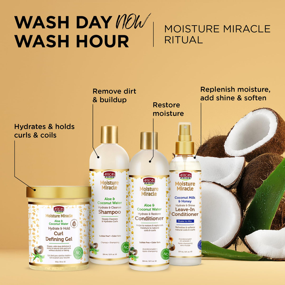 African Pride Moisture Miracle Curl Defining Gel with aloe, next to hair care range against coconut background.