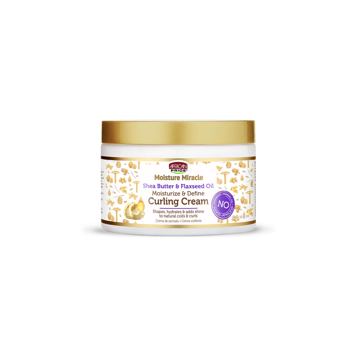 Jar of African Pride Moisture Miracle Curling Cream 340gr with gold colored lid and decorative label.