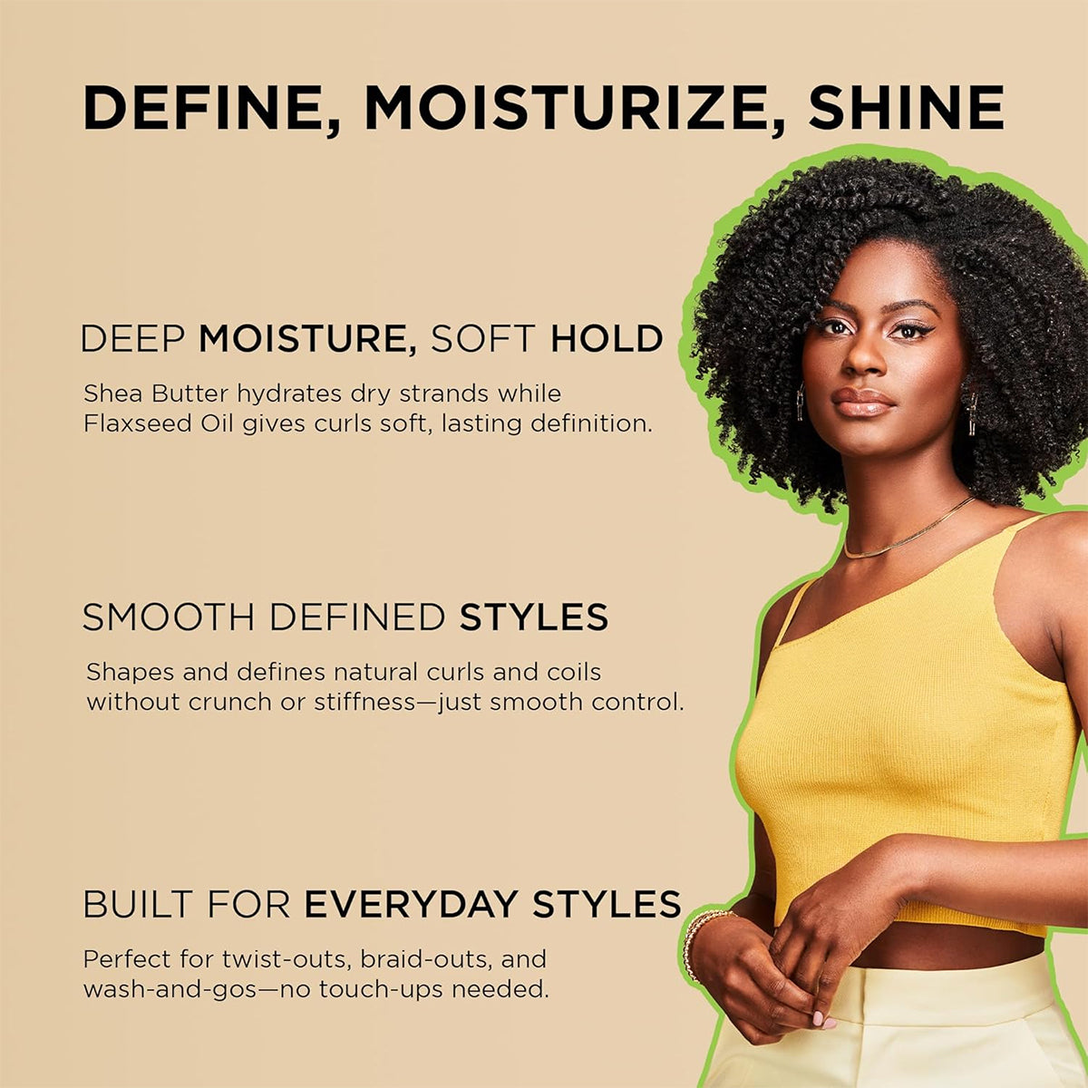 African Pride Moisture Miracle Curling Cream 340gr featured with woman with curls in yellow top and product descriptions.