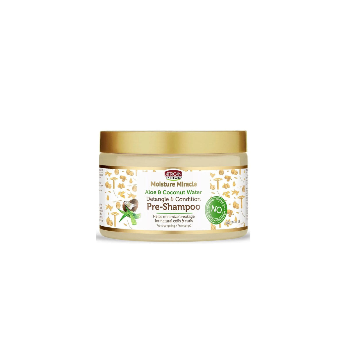 African Pride Moisture Miracle Pre-Shampoo 340g with gold lid, contains aloe and coconut water, stands against a white background.
