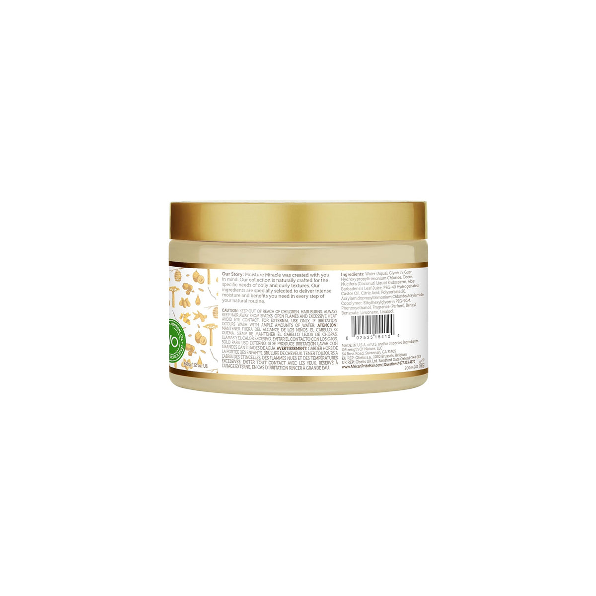 African Pride Moisture Miracle Pre-Shampoo 340gr in golden jar with ingredient label.