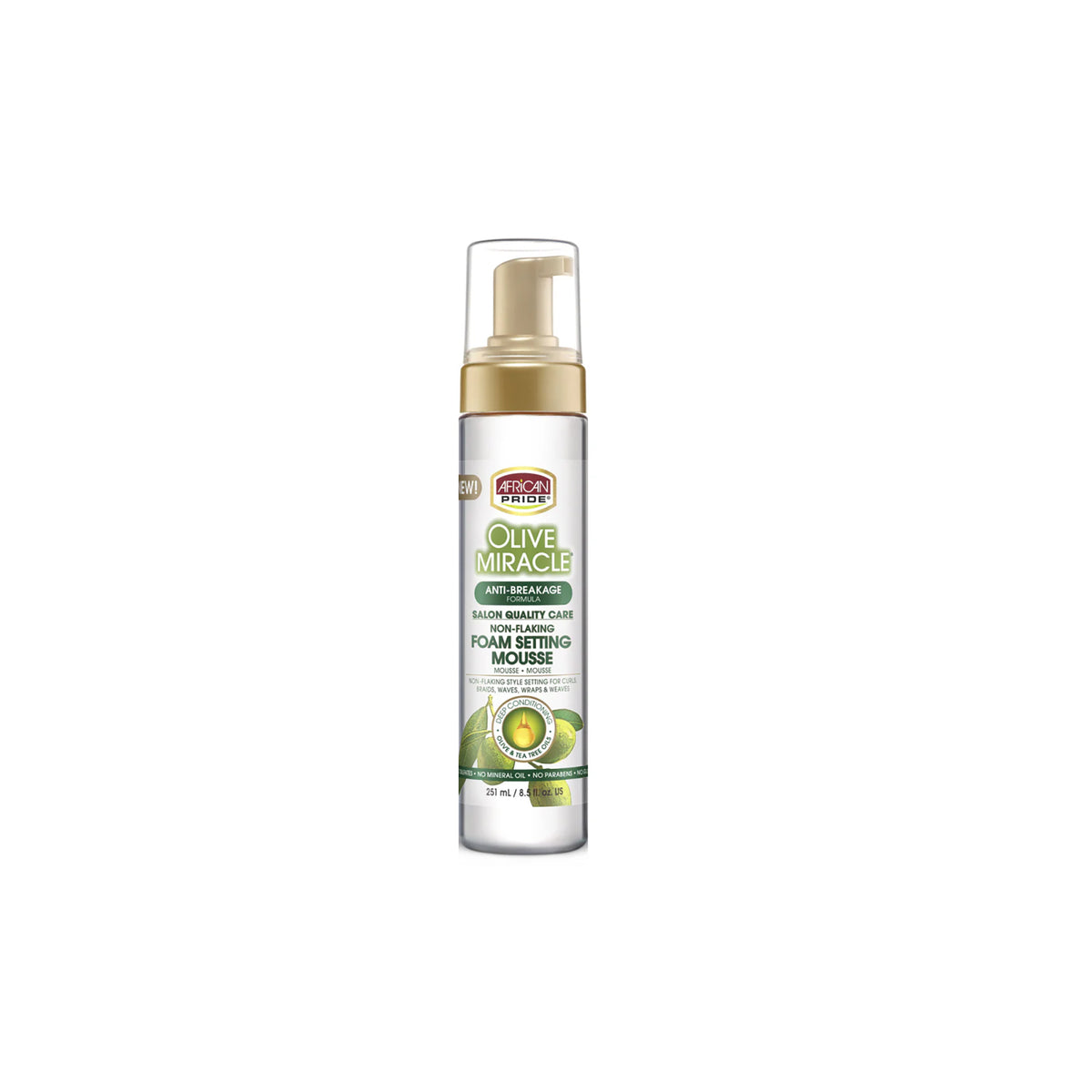 African Pride Olive Foam Setting Mousse 251ml with gold cap stands against white background.