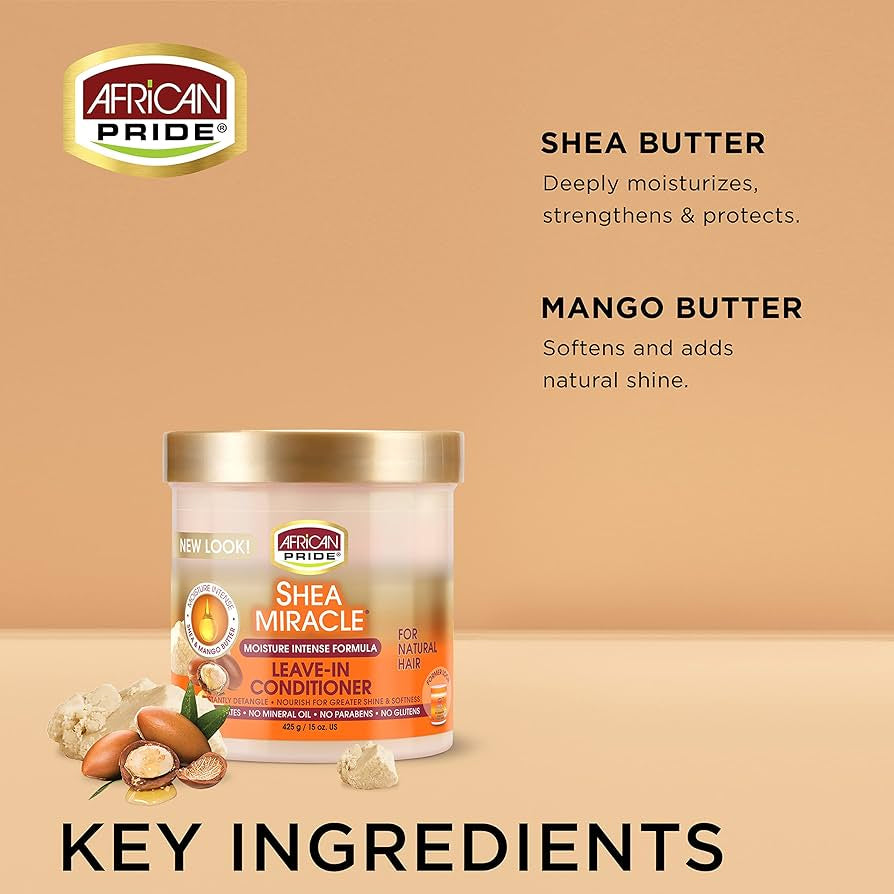 African Pride Shea Leave In Conditioner 425gr with shea and mango butter against brown background, highlights key ingredients.