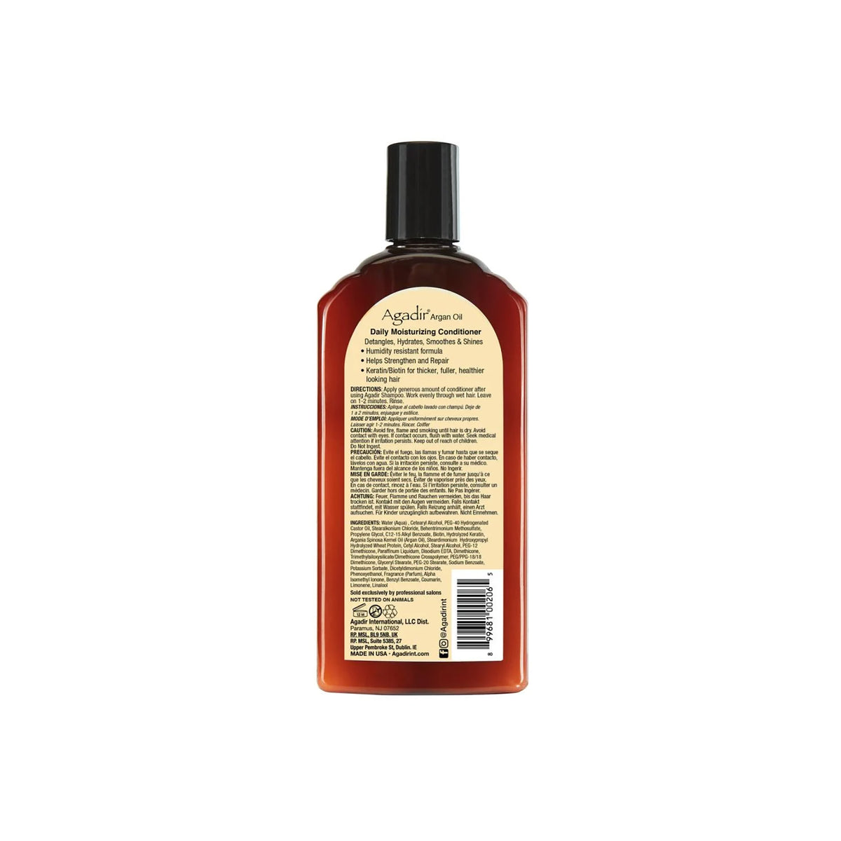 Back of a brown bottle of Agadir Argan Oil Daily Moisturizing Conditioner. The label shows product information and ingredients.