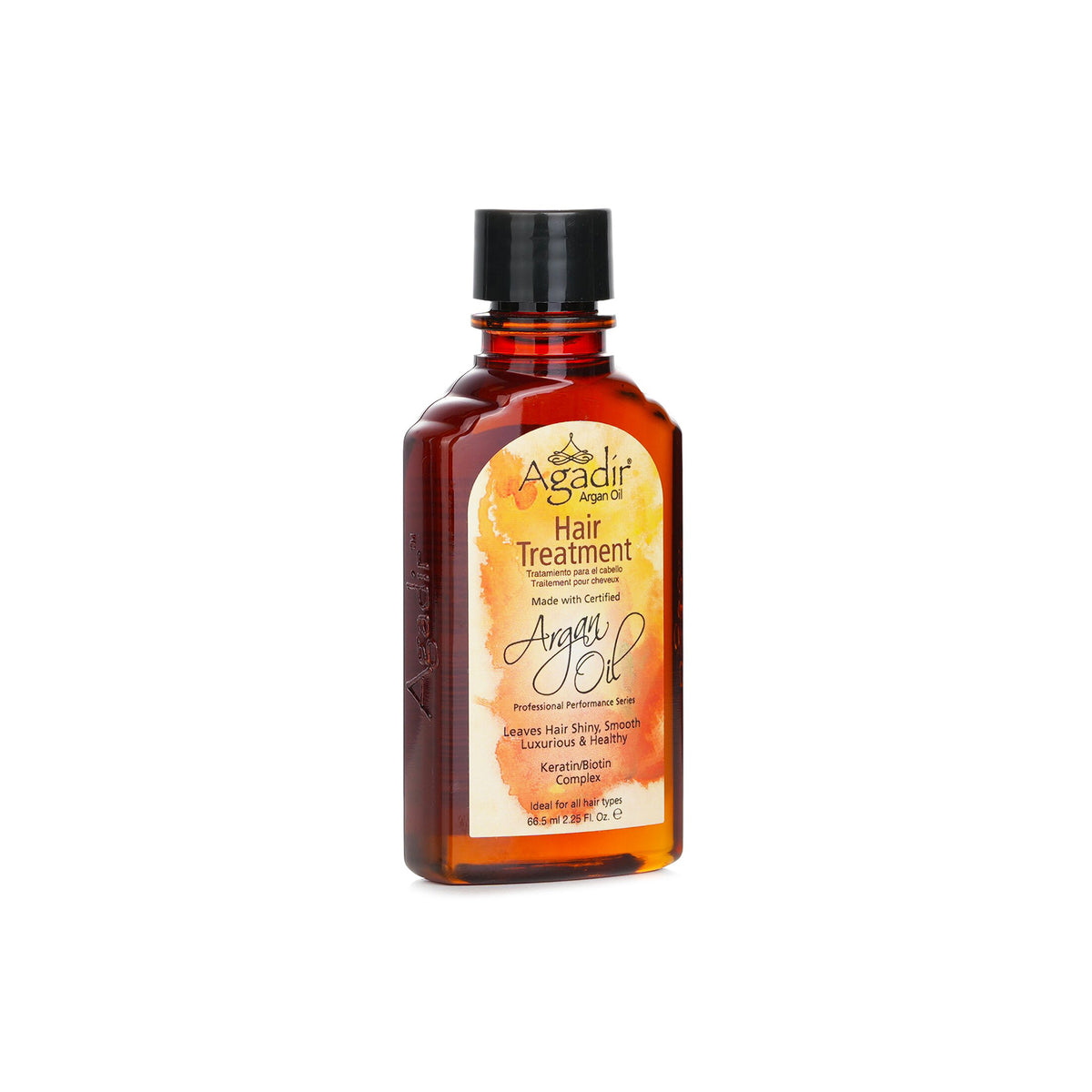 Side view of a brown glass bottle of Agadir Argan Oil Treatment. The label shows the product Agadir Argan Oil Treatment and contains information about the product's benefits, such as making the hair shiny and smooth.