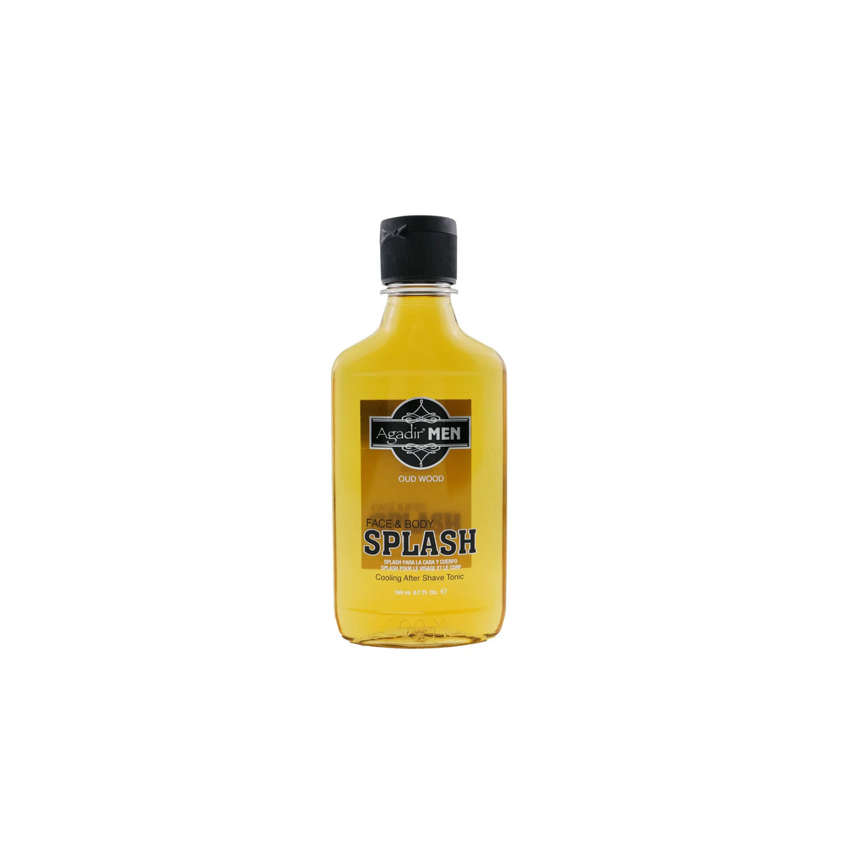 Agadir Men Oud Wood Face & Body Splash 198ml bottle. A transparent bottle with a black cap containing a yellow liquid. The label shows the product Agadir Men Oud Wood Face & Body Splash.