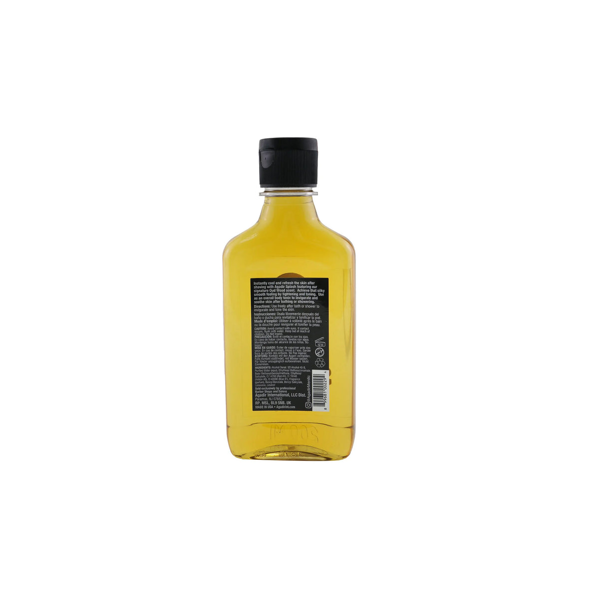 Back of a transparent bottle of Agadir Men Oud Wood Face & Body Splash. The label shows product information, including ingredients and instructions for use. The product is listed as a refreshing body splash.