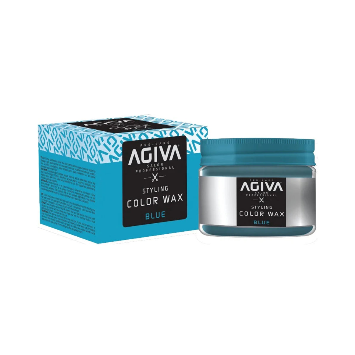 Agiva Styling Color Wax Blue in an open glass jar with a turquoise lid next to the blue-patterned box.