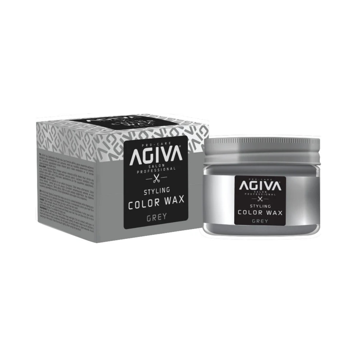 Agiva Styling Color Wax Gray in gray packaging next to an open metal can with gray hair dye wax.