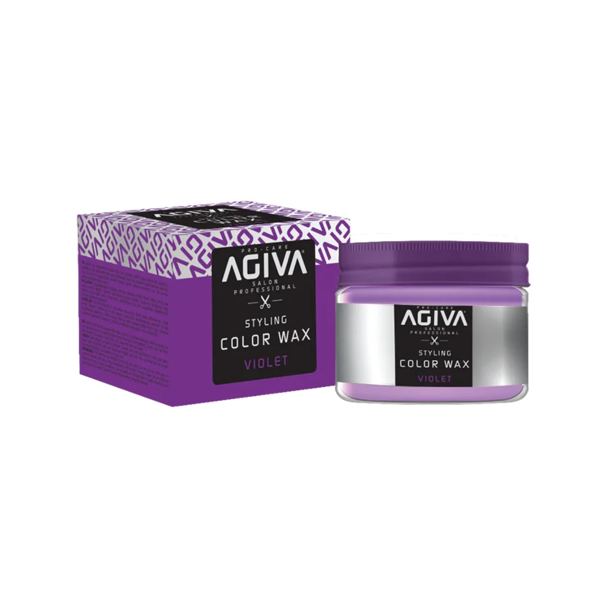 Agiva Styling Color Wax Violet in purple packaging with screw cap, next to the patterned box.