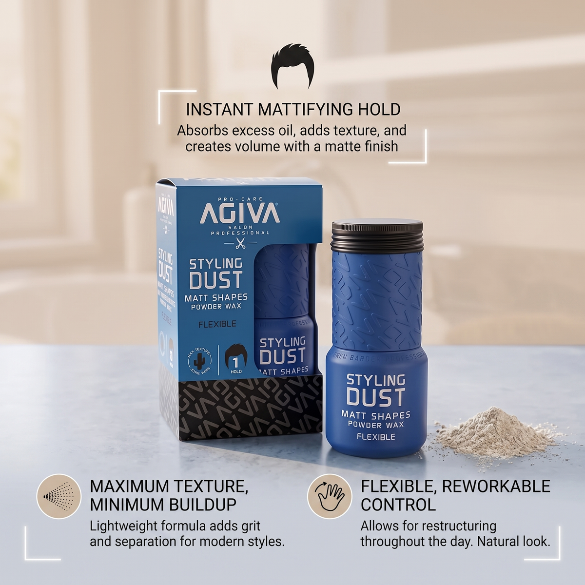 Agiva Styling Dust Matt Shapes Powder Wax in blue packaging and can with white powder next to it.