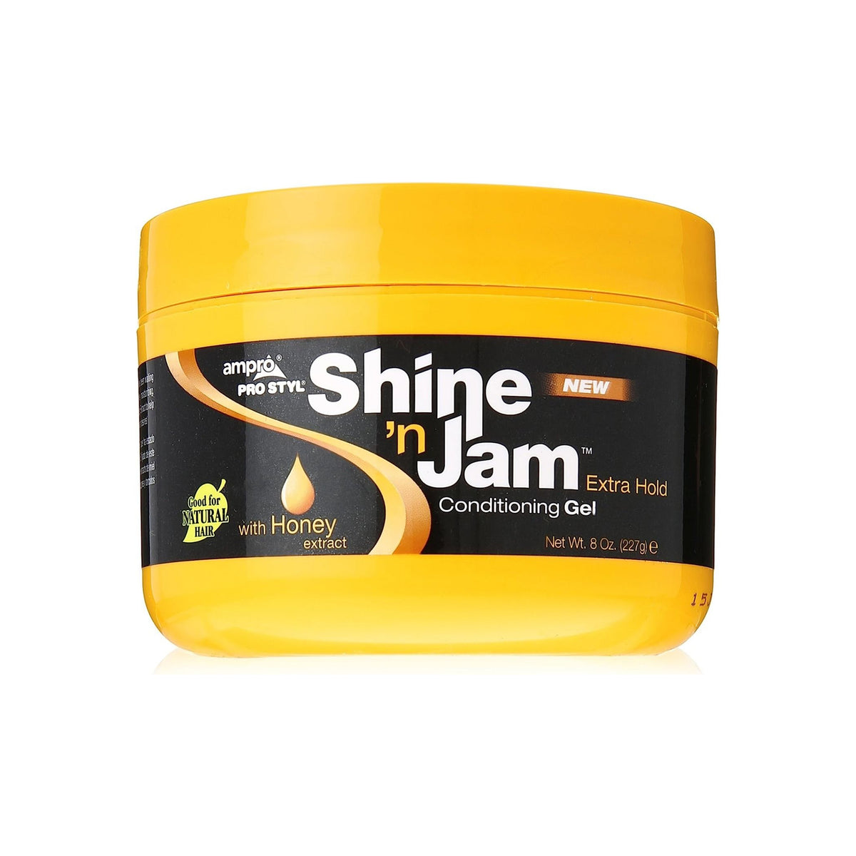 Ampro Shine 'n Jam Conditioning Gel 227g jar. A yellow plastic jar with a black lid. The jar has an image of a honey comb and the text 'Ampro Shine 'n Jam Conditioning Gel Extra Hold' on the label. The product is designed to give the hair shine, hold and moisture.