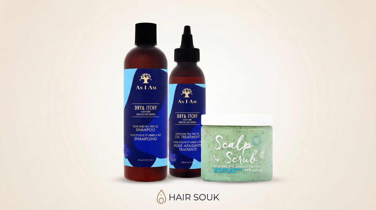 Three products from the Anti-Dandruff Care range with blue labels and natural Scalp Scrub against dandruff on a light background.