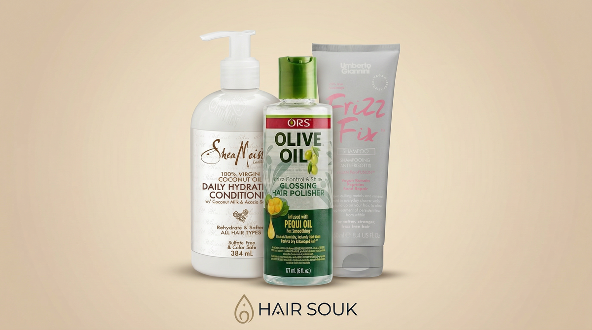 Three hair care products in the Anti-Frizz Control Bundle against frizz, incl. conditioner, polish and shampoo on a beige background.