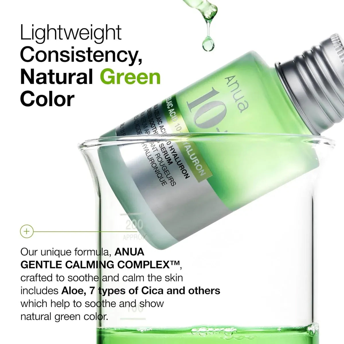 Anua 10+10 Hydrating Hyaluron Serum is poured into glass with green liquid, highlights light texture and natural color.
