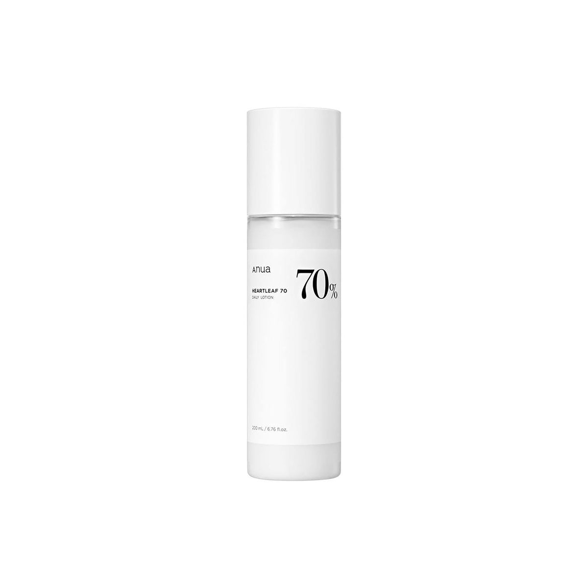 White bottle of Anua Heartleaf 70 Daily Lotion, minimalist design with black text and clear 70% marking.