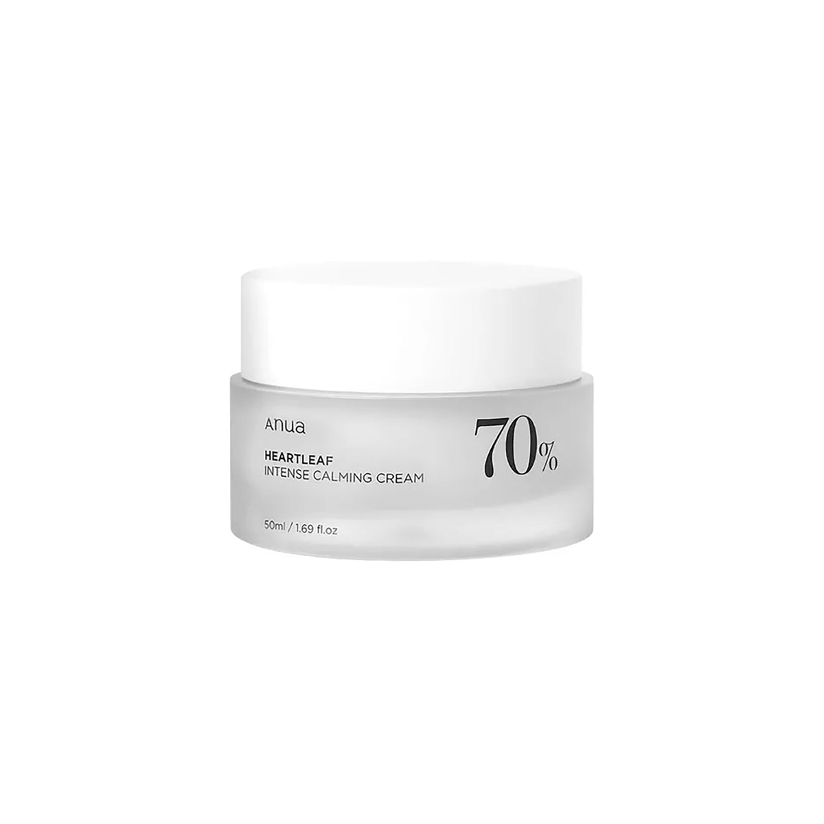 Anua Heartleaf Intense Calming Cream in frosted jar with white lid and 70% sticker on the front.
