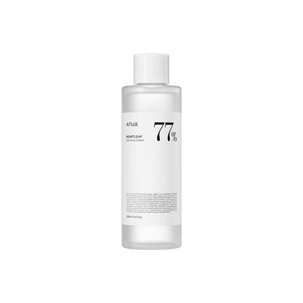 Bottle of Anua Heartleaf 77% Soothing Toner in minimalist design with white label and black text.