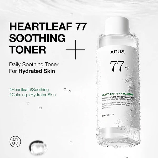 Clear bottle of Anua Heartleaf 77 Soothing Toner surrounded by water droplets, designed for hydrated and soothed skin.