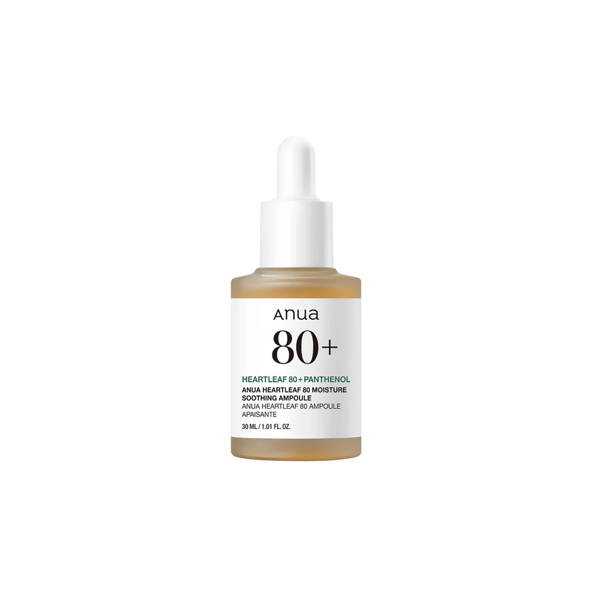 Dropper bottle with Anua Heartleaf 80+ Panthenol ampoule, brownish liquid and white label with black text.