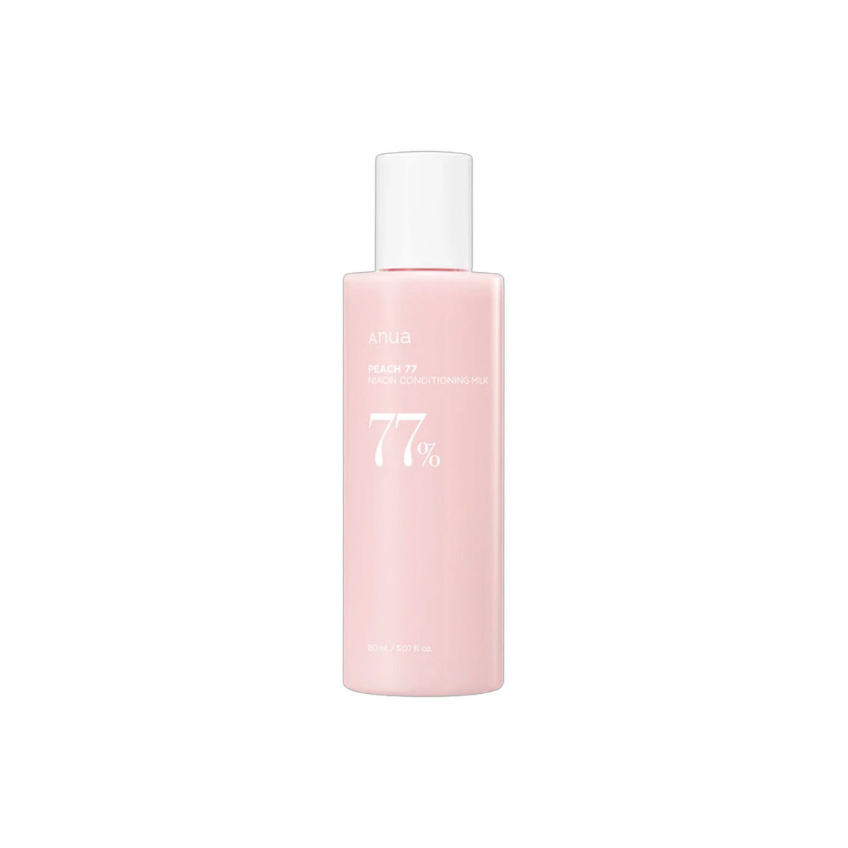 Pink bottle of Anua Peach 77 Niacin Conditioning Milk 150ml with white lid and minimalist design.