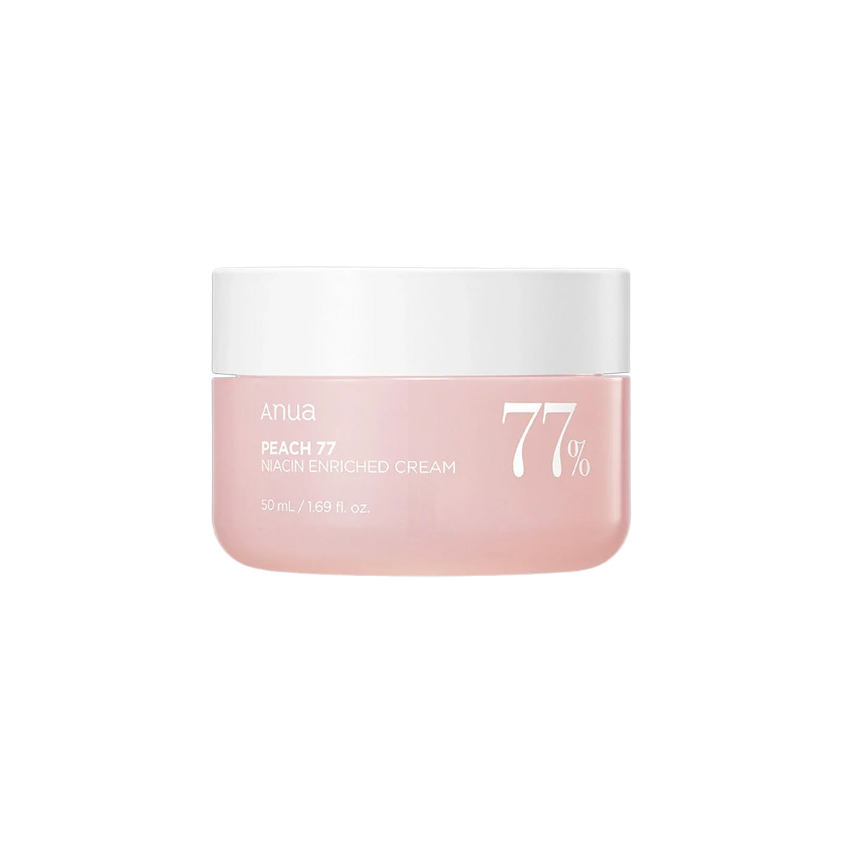 Pink jar with Anua Peach 77 Niacin Enriched Cream 50ml with white lid and clear text on the front.