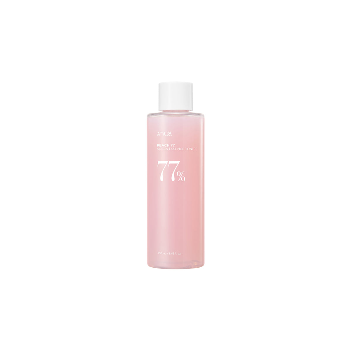 Slim, transparent bottle with pink Anua Peach 77% Niacin Essence Toner 250ml and white screw cap.