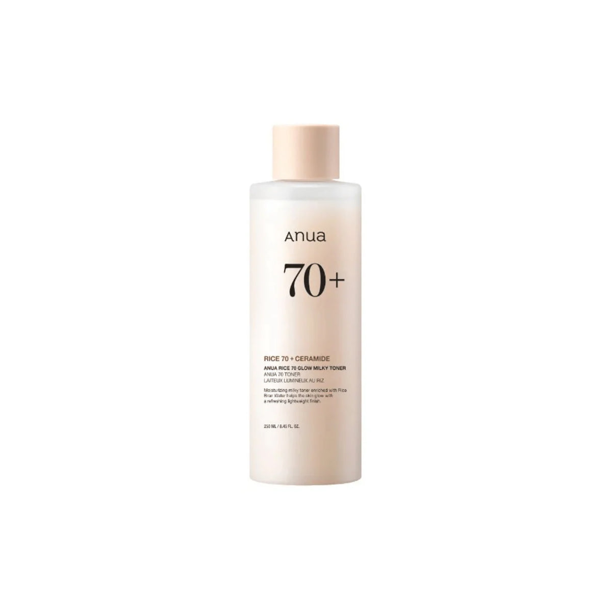 Slim bottle of Anua Rice 70 Glow Milky Toner 250ml in shades of beige against a white background.