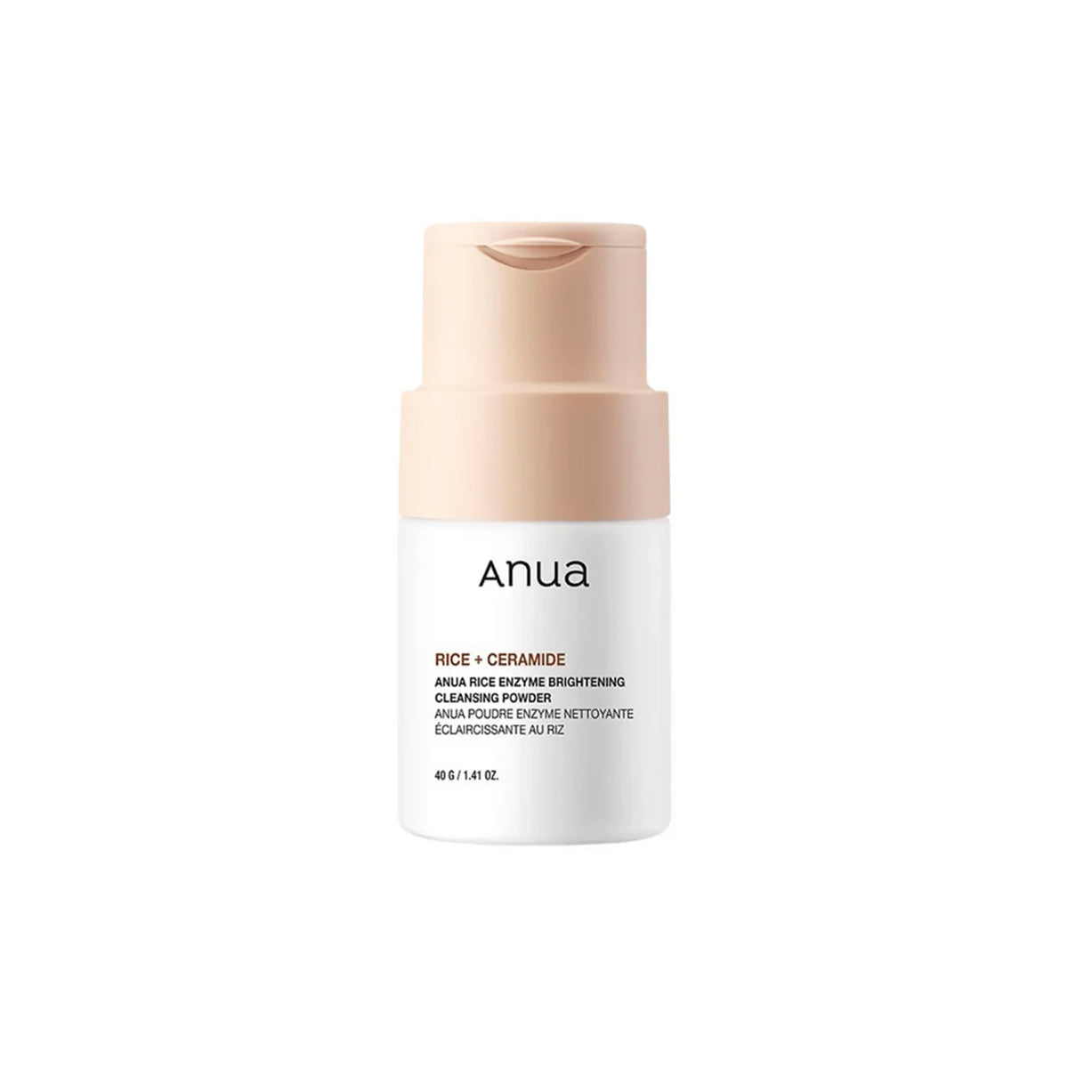 Beige and white bottle with Anua Rice Enzyme Brightening Cleansing Powder 40gr against white background.