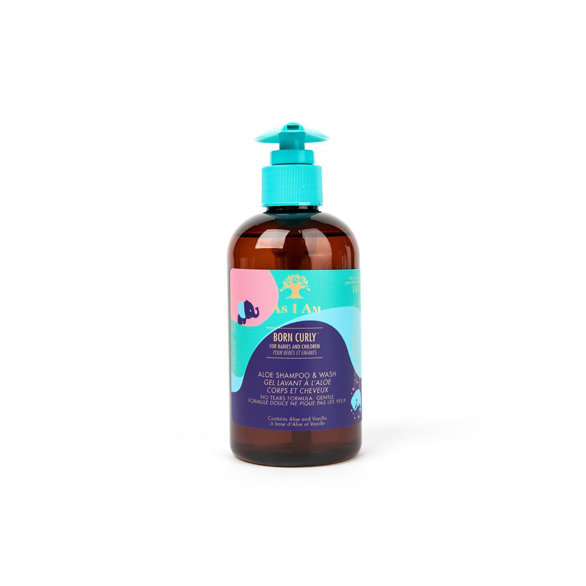 As I Am Born Curly Aloe Shampoo & Wash 240ml bottle. A brown plastic bottle with a blue pump and a pink label showing the product As I Am Born Curly Aloe Shampoo & Wash. The product is designed for curly hair.