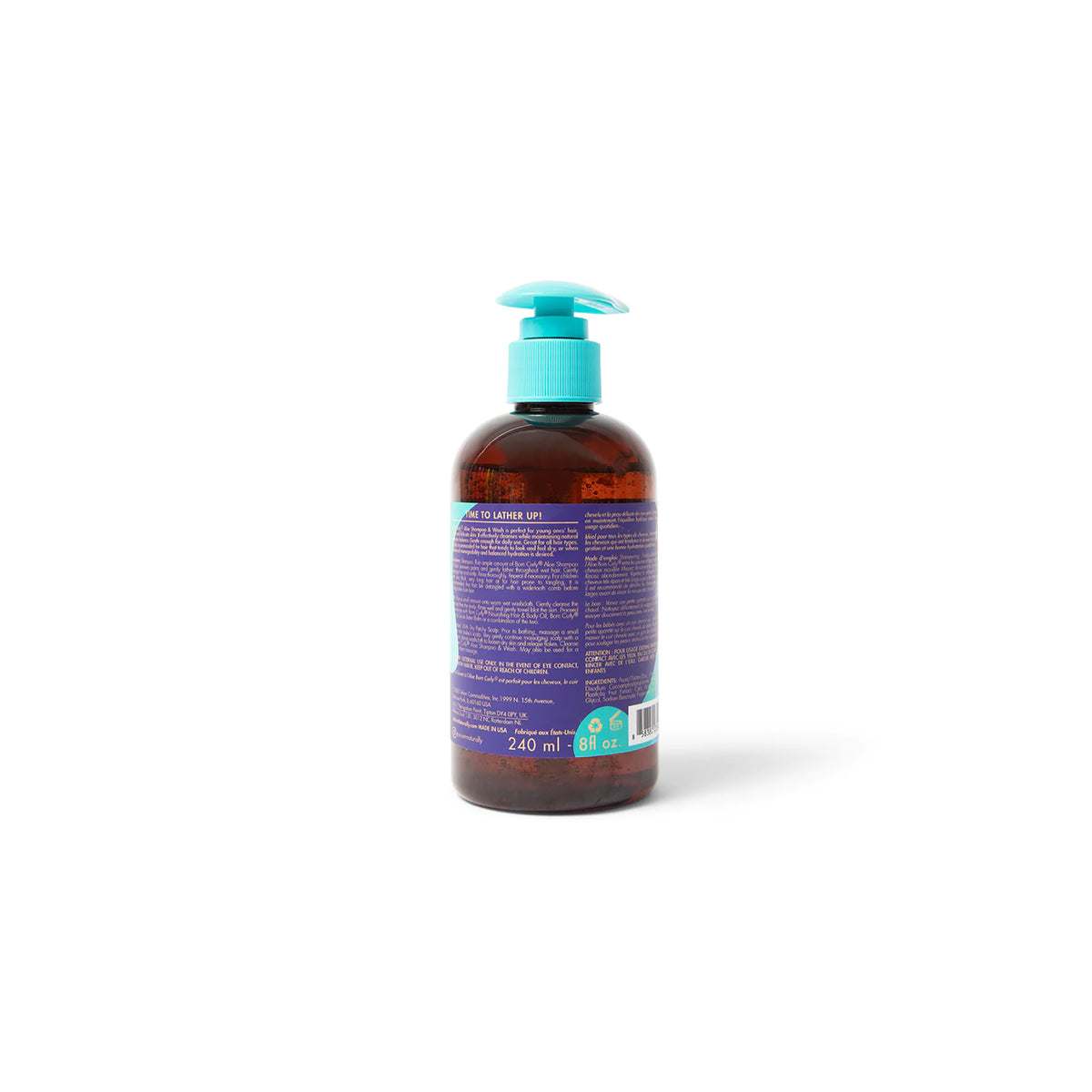 Back of a brown plastic bottle with a blue pump. The bottle contains As I Am Born Curly Argan Leave-In Conditioner & Detangler. The label shows product information on a white background.