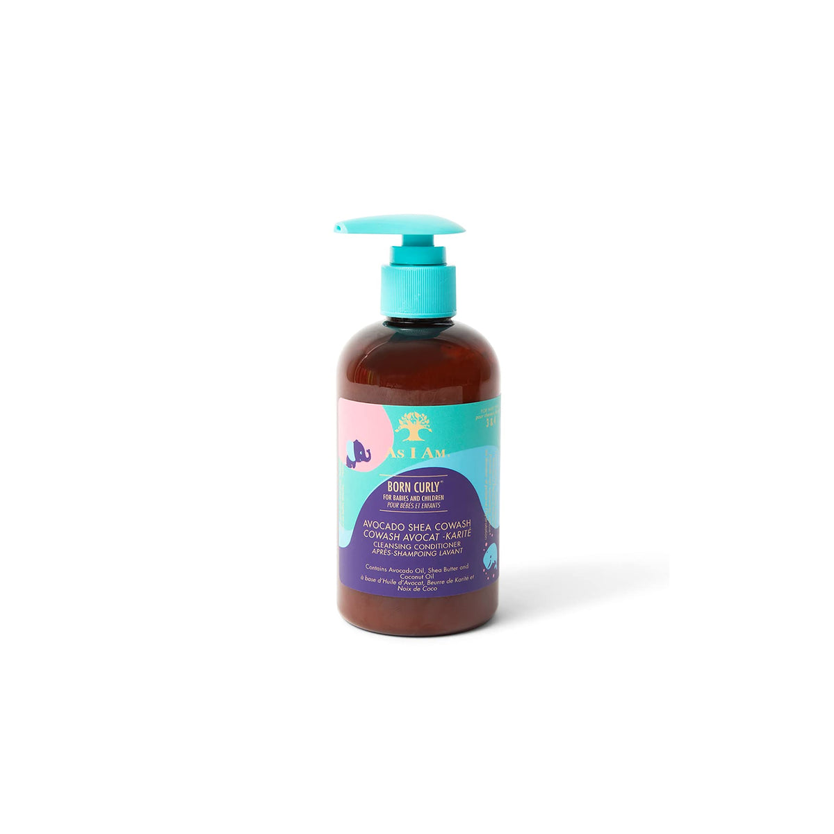 A brown plastic bottle with a blue pump contains As I Am Born Curly Avocado Shea Co-Wash. The label is pink and white with a picture of a palm tree. The product is designed to clean and moisturize curly hair.