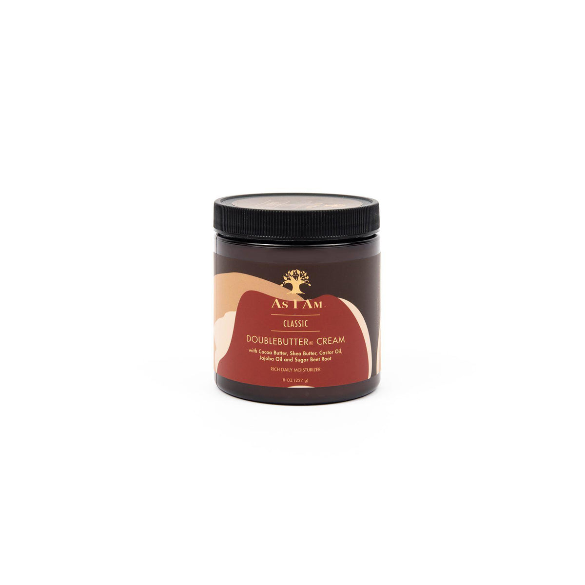 A brown plastic can with a black lid stands on a light background. The jar contains As I Am DoubleButter Cream and has a brown label with yellow writing.