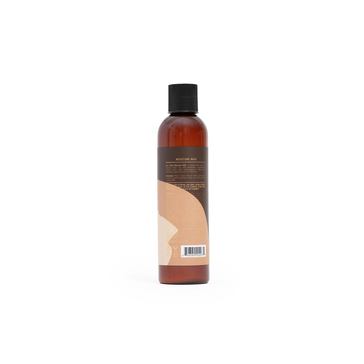 Back of As I Am Moisture Milk bottle (text and barcode visible). Brown bottle with black lid and beige/brown label.